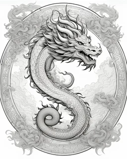 Outline art for Zodiac Chinese Dragon coloring pages, white background, Classic Chinese art style, only use outline, clean line art, white background, no shadows and clear and well outlined, and bold Chinese art aesthetics, framing centered in the center, distanced from the edges of the paper perimeter, perfect anatomy, bauhaus, Divine Proportion.