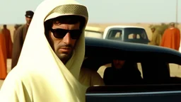 takistan life, movie scene. dr arab cover 1970, closeup dnd style. sunglasses, cape. lawrence of arabia. car race drag.