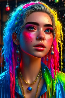 beauty teenager girl, octane render, HDR, beautiful girl, ultra detailed eyes, mature, plump, thick, Opal drops, paint teardrops, woman Made up from paint, entitely paint, splash, long colored hair, blouse made from paint, ultra detailed texture, blouse, oplaescent paint blouse, paint bulb, water drops, (hair ornaments, earrings, flowers, hair ornaments, dragonfly hair ornaments), outdoors, jasmine trees, vivid colors, sitting, bangs pinned back, 8K