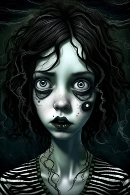 20 year old woman, sunken face, Tim Burton style, full figure