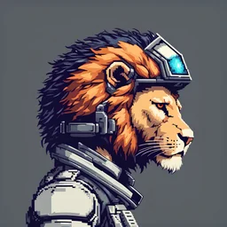 a man wearing a sci fi lion helmet, side head photo, retro pixel art style,