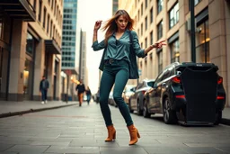 modern city street a beautiful lady in nice pants and shirt pretty boots hip hop dancing