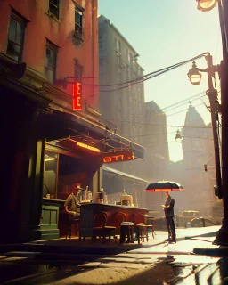 Scene, realistic image, Edward Hopper style, retro futuristic, concept art, smooth, unreal engine 5, god lights, ray tracing, RTX, lumen lighting, ultra detail, volumetric lighting, 3d.