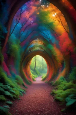 In the heart of an untouched 8K high-definition primeval forest, a mesmerizing kaleidoscope of colors unfolds within a timeless tunnel, creating a vivid gateway to another dimension. The rich hues of nature paint the scene, as if time itself is woven into the very fabric of the lush surroundings.