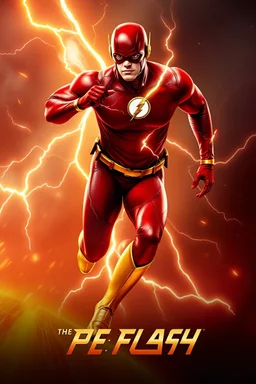 1/4 side view, looking at the viewer, Movie Poster - "THE FLASH" - A massive, thick, extremely muscular, 7'8" tall man, ((skintight, formfitting, long-sleeved, red spandex bodysuit:1.5)), ((gold knee-high boots:1.5)), ((gold wrist gauntlets, red fingerless gloves, gold, double holstered utility belt:1.5)), ((skintight, formfitting, red spandex helmet with red eye disguise,:1.5)), Running in the speedforce, multicolored lightning emanating from his body, an overly exaggerated muscular stature