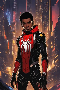 miles morales mix with machine in solo leveling shadow artstyle, cyberpunk them, intricate details, highly detailed, high details, detailed portrait, masterpiece,ultra detailed,best quality