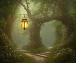 wooded forest stone path lantern