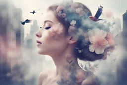 Double exposure, girl with closed eyes, large false eyelashes, Flowers, Double exposure, intricate details, city, single bird