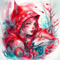 An over-detailed colored portrait of Little Red Riding Hood in a double exposure with an Wolf in enchanted forest. Watercolor drawing with stunning transparent gradients and a characteristic over-detailed texture through which light breaks through, a clear and bright linework tattoo drawing in a complex mixed technique with elements of coarse large and sharp impasto strokes of oil paint is applied on top of the watercolor. Concept art in the highest quality, 16K, Hyperrealistic, splash art, conc