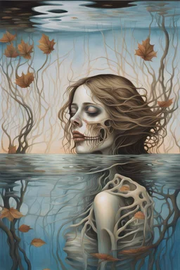 surrealistic painting depicts a woman submerged in water, with only her face visible above the surface. Her hair is dark brown with blonde highlights, and her eyes are a warm brown. Below the waterline, her torso is replaced by a skeletal ribcage entwined with translucent, organic root-like structures and dried leaves, revealing the internal decay beneath the skin. The upper part of the painting features a dilapidated, light-colored building with multiple levels and a dome, seemingly floating on