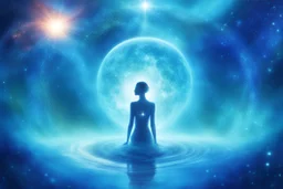 Immagine orizzontale elegante e spirituale per copertina evento Facebook. Sfondo cosmico blu scuro e turchese con stelle scintillanti, nebulose luminose e bokeh morbido. Al centro una figura umana stilizzata in silhouette luminosa che si dissolve nella luce, con la Terra (Pianeta Blu) sotto di lei. Atmosfera mistica, eterea e profonda. In alto grande testo elegante 'Acqua e il ritorno all’Origine'. Sotto in caratteri più piccoli: 'Venerdì 17 giugno ore 20:30'. Tono blu-turchese, luce dall'alto,