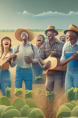 a diverse group of farmers singing in the farming field