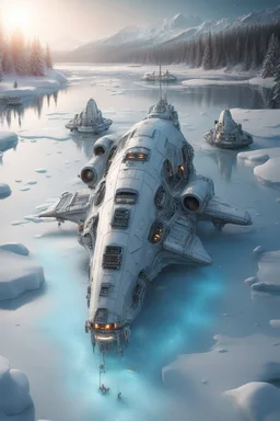 ,large detailed space ship floating on wide ice River on a , beside village, antennas, exhaust ports , stopped, , luminescent , 35 mm focal length