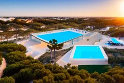 Sunset algarve in quinta do lago, one straight line building of 250 meters long modern luxury architecture with pool on rooftop, with green roofs and sun loungers next to pool, on the left side overlooking far away tennis sport facility and inserted in the Ria Formosa Natural park, on a slope with pinus pinea, a wrap around low speed veicular road