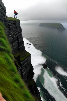 from first person view, we are climbing on the steep bluffs of ireland. below us is the powerful ocean, inspiring fear and chaos. The ocean swirls and churns into a great hole in the ocean, at the base of the cliff. Around us are steep cliffs, and above us is more steep cliffs, waiting to be climbed!