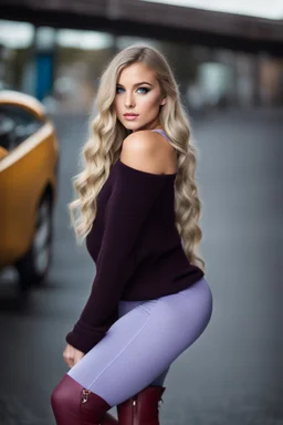 beautiful 18 year old girl with ash blonde hair and blue eyes with her curvy hair down, wearing a long-sleeved woollen top, and lilac long leggings, with long red boots full body shot