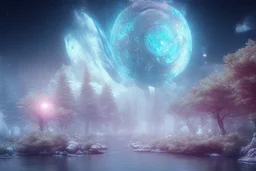 white and gold crystal cosmic and galactic ambiance sky trees river lake surreal scifi futuristic, full of details, smooth, bright sunshine，soft light atmosphere, light effect，vaporwave colorful, concept art, smooth, extremely sharp detail, finely tuned detail, ultra high definition, 8 k, unreal engine 5, ultra sharp focus