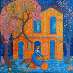 🔥 PROMPT: A pointillist painting in Klimt’s style depicting a dreamy street scene. A textured blue house with three windows stands as the focal point, its facade shimmering with intricate dots. A tree with twisting branches and pink blossoms extends overhead, blending with golden-hued foliage. A woman in an orange top and deep blue skirt walks beside her bicycle, lost in thought. Klimt-inspired patterns, stippled details, and a harmonious palette of blues, golds, and pinks create a luminous, no