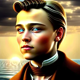  spray painted fantasy art, photorealism, realistic portrait of a young leonardo di caprio looking dorky, movie poster, titanic for reference, book cover illustration