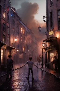 photorealistic painting of young boy fighting old boy, industrial era, night time, people in background, diagon alley, glowing lights, reflections on ground, spots of fire