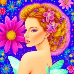 very beautiful portrait, bright fairy, , flowery landscape, cosmic atmosphere, perfect composition, 8k, super detailed, delicate flowers, complementary colours, intricate details, realistic