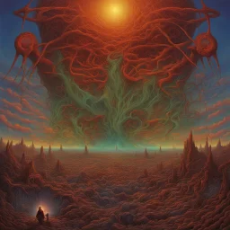 So the world is spinning faster Are you dizzy when you stall? Let the music be your master Will you heed the master's call? Oh, Satan, kinetic prog rock album Art, colorful expansive nightmare-scape, by Aly Fell, by Keith Thompson, horror weird, volumetric lighting, surrealism.