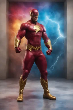 the Flash, Gold boots, extremely huge, overexaggerated muscles, posing and flexing in a front of the camera, random extreme action poses, an extremely colorful, multicolored foggy blue marble wall in the background with a colorful marble tile floor, multicolored lightning, realism engine,