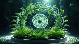 A genetically engineered plant emerges from a mesmerizing spiral, inspired by E. T. A. Hoffmann. This intricate 3D render depicts a fusion of primitivism and biochemistry, showcasing a fascinating blend of RNA bioweapons, xenobiology, and the morphing DNA helix. The image portrays a bioorganic concept of a mechanically evolved life form, born out of DNA experiments.