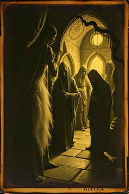 Daguerrotype close up some mysterious figures, odd background, Hieronymus Bosch Max Ernst ambient light, by Minicavio Quollati and Marlost Endgulp, Amano, Botticelli, Alphonse Mucha