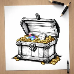 Make black and white cute drawing of a Treasure Chest with black bold lines. Only outline, no grayscale. A wooden chest with ornate metal fittings, overflowing with gold coins, sparkling jewels, and magical items like scrolls or glowing potions. Add a faint magical glow emanating from the chest.