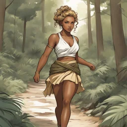 Drawn by Tradd Moore, colored by Heather Marie Lawrence Moore for Lean and muscular, skin tanned nearly bronze greeck girl tracking through the forest and brush. Showing her mini-skirt. Blonde Curly hair in a messy bun and severe look, wearing greek toga .