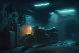 dimly lit grimy cyberpunk security room with a single motorcycle inside
