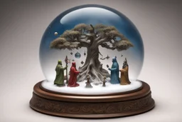 снежный шар, ось мира, Вокруг основания дерева можно разместить миниатюрные фигурки, символизирующие различные миры или слои реальности (например, мир богов, мир людей, мир духов). Каждый мир может быть выполнен в своем стиле и цвете. На основании шара можно разместить компас или символы, обозначающие стороны света. Каждая сторона света может быть связана с определенным элементом (огонь, вода, земля, воздух).