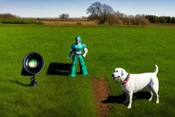 Photograph 60 mm lens. Technological singularity. Post-apocalypse utopia. Machine, fake smile, staring eyes. Milky white lay figures torso on the ground. Grass, mud. dirt. Dog sniffing the torso. An yard of a farm is in the Background. Mercury Puddles. Zoom. Background is fussy. Cyborg's torso is dirty.