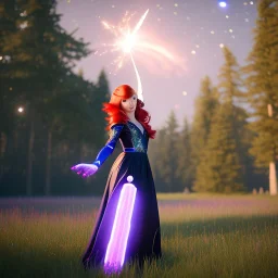 Pretty teenage girl with red hair who is dressed like a space witch casting a spell, girl has stars in her eyes, background is realistic space renditions, rendered, unity 3d, unreal engine, dslr, hdr, 4k, edited, photorealistic