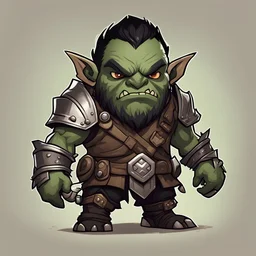 Abzag the Monster is a Orc adventurer in tan brown and silver armor and has swamp-green skin with a black beard and a short stripe of black hair that ends in a topknot,in chibi art style
