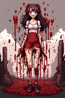 body anormal, smile blood, girl cute, fullbody, behind blood guts rising from the ground, 8bits, pixel art,