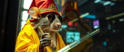 rasta rat priest with blunt, cyberpunk setting, inspecting glass wall on the tram