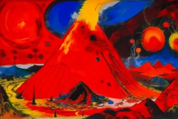 A red volcano with pyrokinetic fire painted by Wassily Kandinsky