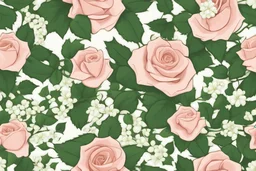 cartoon style style roses with green leaves and ivy with small white flowers