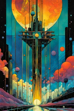 Create a chaotic abstract cubist Tarot Card depicting a post apocalyptic, The Ten of Swords , in the style of Bill Sienkiewicz, Philippe Druillet, Gustav Klimt, and Jean Giraud Moebius, precisely drawn, colored and inked