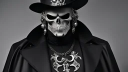 La Griffe Grise (Garra Cinzenta PT-BR), Brazilian supervillain, horror style, man with an athletic build, wears a skull mask, black top hat with small metallic skulls decoration, wearing a black t-shirt with bones printed on it, wears a black fashion suit Armani, and a black cape with silver details, black Jimmy Choo fashion shoes, gray gloves, picking up jewelry in a fancy house, night with yellowish artificial lighting, extremely detailed place, blurred background, hyper-realistic, movie scene