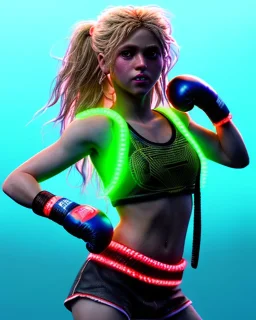 portrait, Shakira, blonde artist, angry, Realistic image, boxing robe, hoodie, mouthguard, face band aid, loose long hair, eyes make up, perfect, glow, circle iris. Neon colors, leds, geometric shapes. Dark background, photo studio, neon lights. concept art, smooth, unreal engine 5, god lights, ray tracing, RTX, lumen lighting, ultra detail, volumetric lighting, 3d, finely drawn, high definition, 4k.