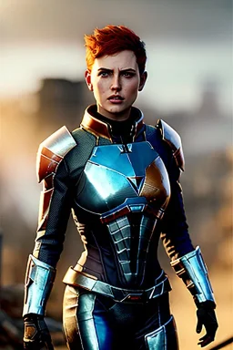 ultrarealistic, ruined city,__mass effect armor__, __angles__, 19 year old woman, strikingly beautiful, ginger hair, silver colour, [__starlets__|__starlets__], (pale __skincolor__ skin:1.2), __camera__, _hair_, detailed face and eyes, medium breasts, leather choker, freckles, dynamic pose, resolved expression, __accessory__, strappy outfit, (straps:1.1), sword in scabard on left hip, (buckles, buttons, snaps, rings:1.0), haltertop style breastplate, detailed eyes, plump lips, sci-fi theme