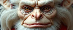 close up portrait of high judge with smooth grainy skin fine pores and real skin texture, clear transparent skin, wise eyes, hairy macho gremlin disco albino limbo
