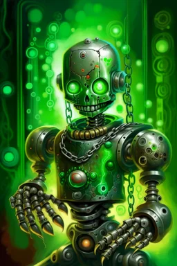 book cover illustration, spotty oil painting portrait of metallic green faced slightly cute smirking robot vampire holding small earth in chain, bokeh , high detail, smooth render, prize winning