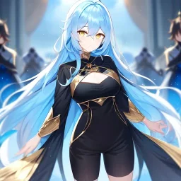 Clear focus, High resolution, Long light blue fluffy hair, hair between eyes, yellow eyes, wearing black fabric shorts, detailed outfit, blue and black outfit, gold accessory