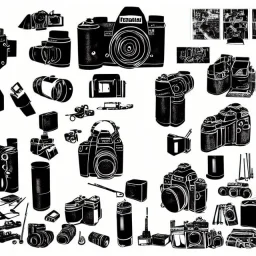 elements of photographic equipment. poster graphics. high detailed. ink and acrylic.