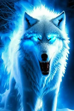 winter white gagantuan wolf beast angry glowing eyes breathing ice blue fire