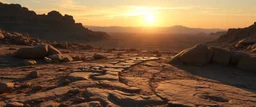 Scene: A wide desolate rocky landscape Action: One enormous footprint in the foreground Lighting: Sunset or moonlight casting long shadows Caption placement: Floating above the scene or carved into stone